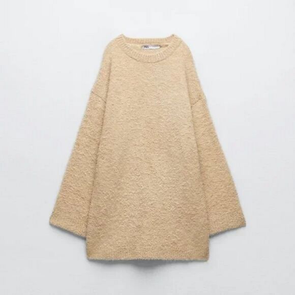 Tan Beige Zara Textured Boucle Crew Neck Oversized Pullover Tunic Sweater (NWT) - Picture 6 of 9